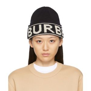 BURBERRY Black Cashmere Intarsia Logo Beanie